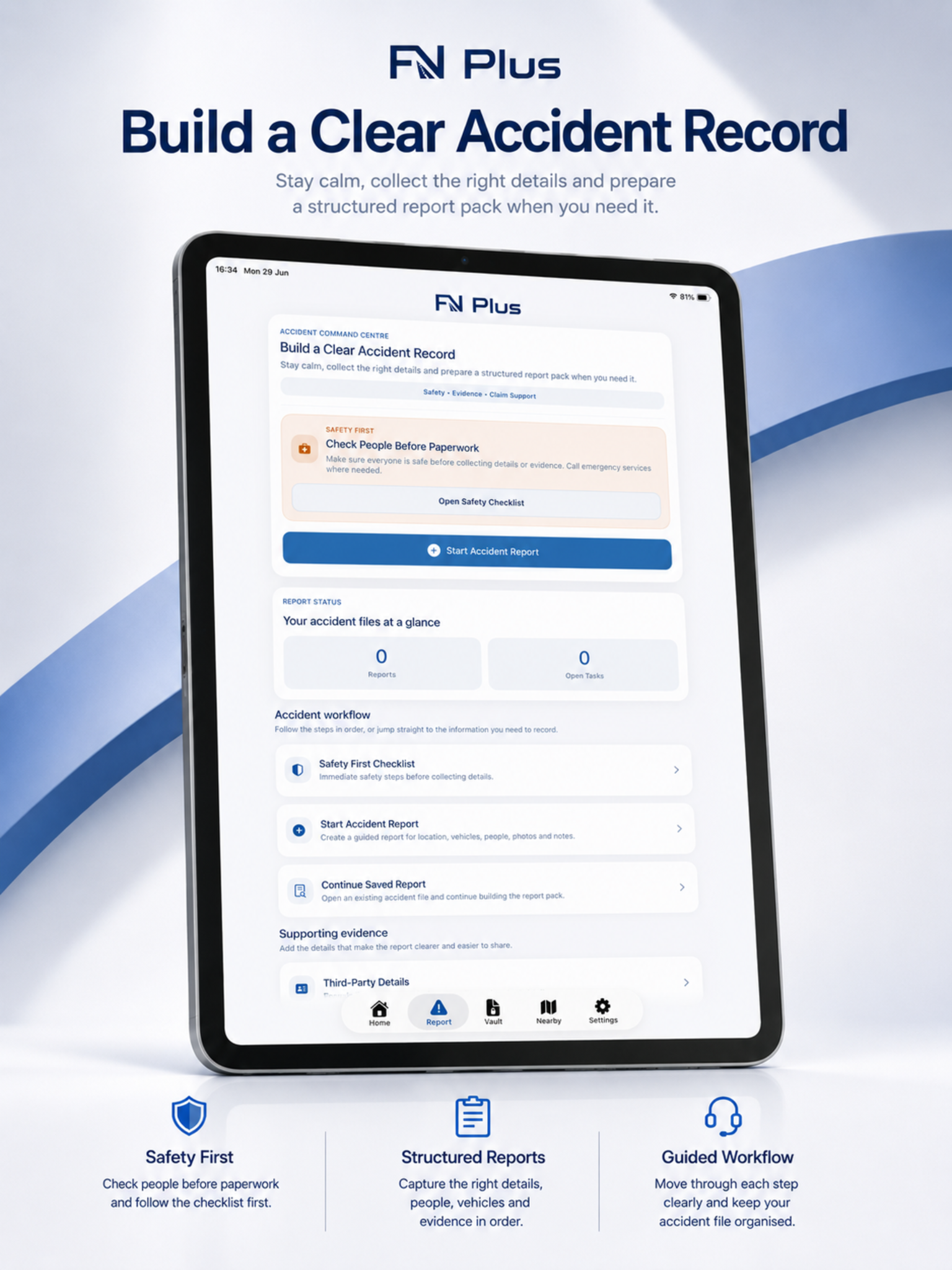 FN+ accident reporting app showing its guided accident record workflow
